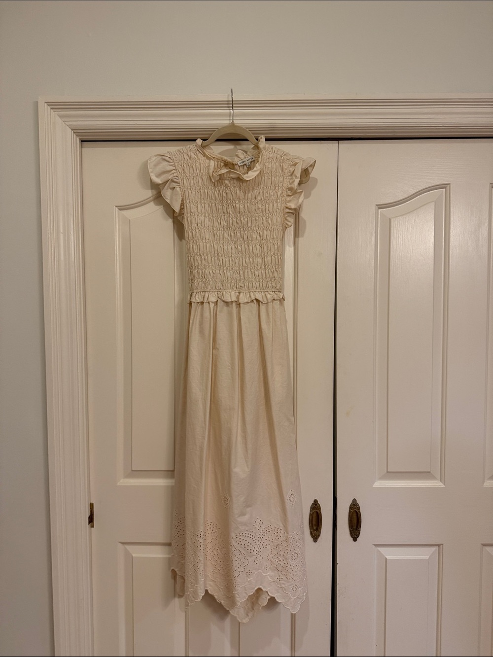 Moon River Cream Smocked Midi Dress with Eyelet Hem